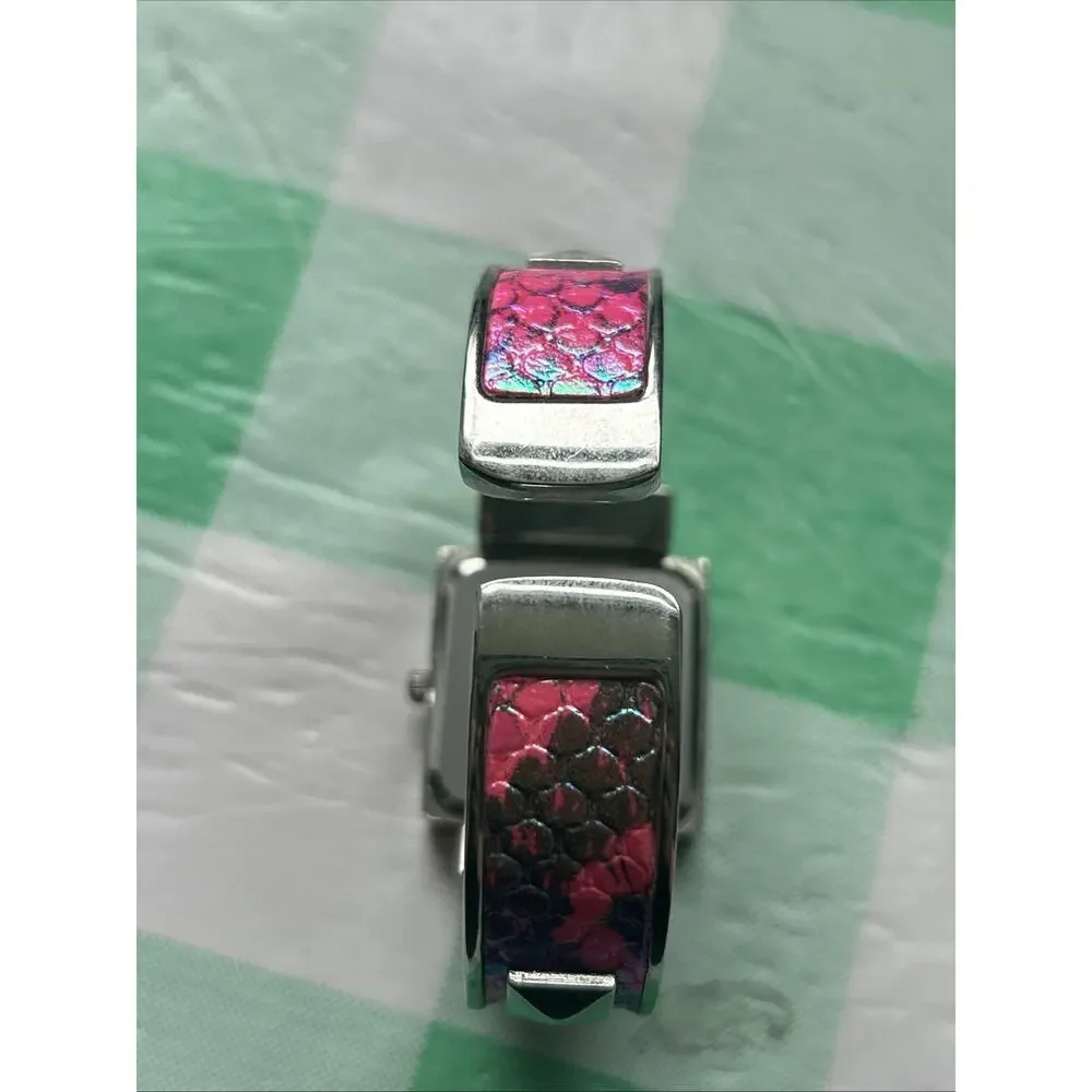 Silver Tone Pink And Multicolored Band Women’s Cuff Watch
